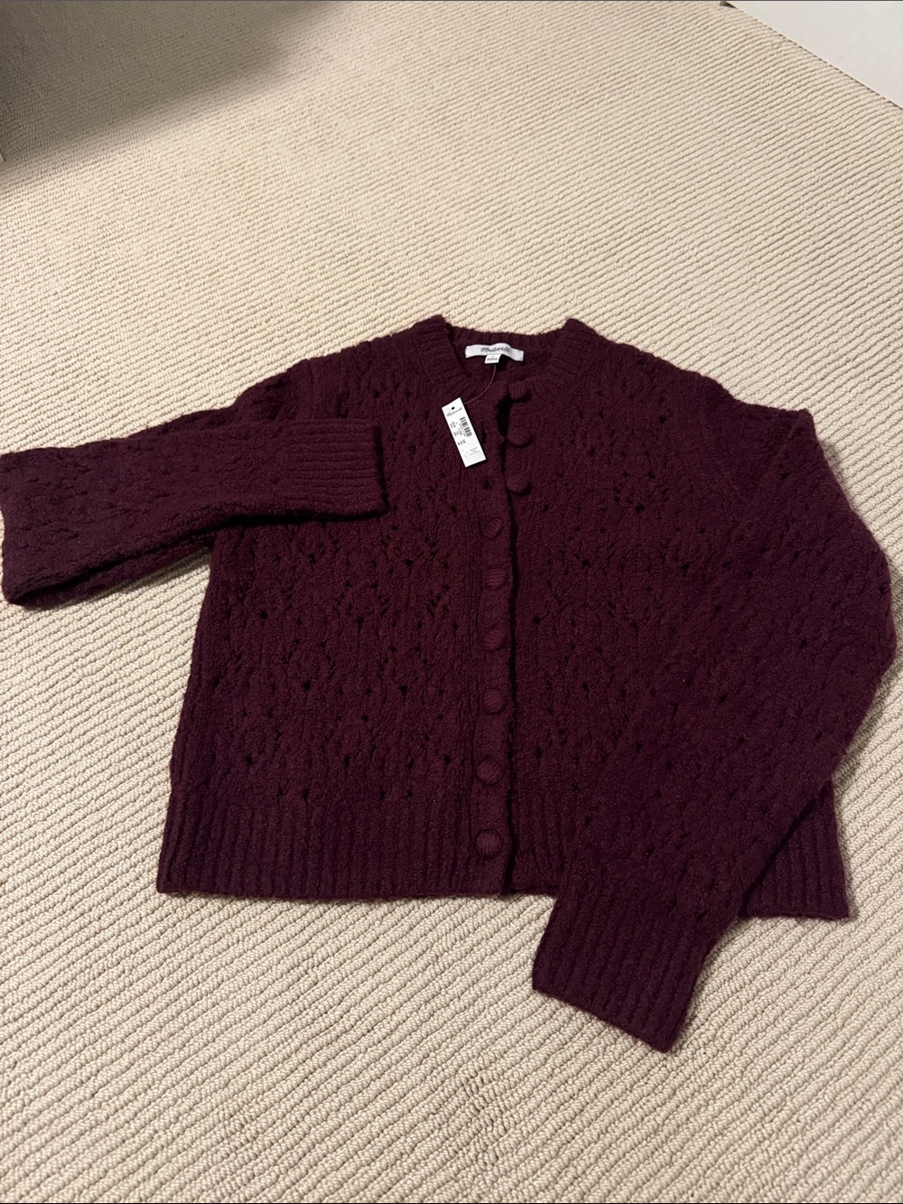 Madewell Cable Knit Button-Front Cardigan in Burgundy